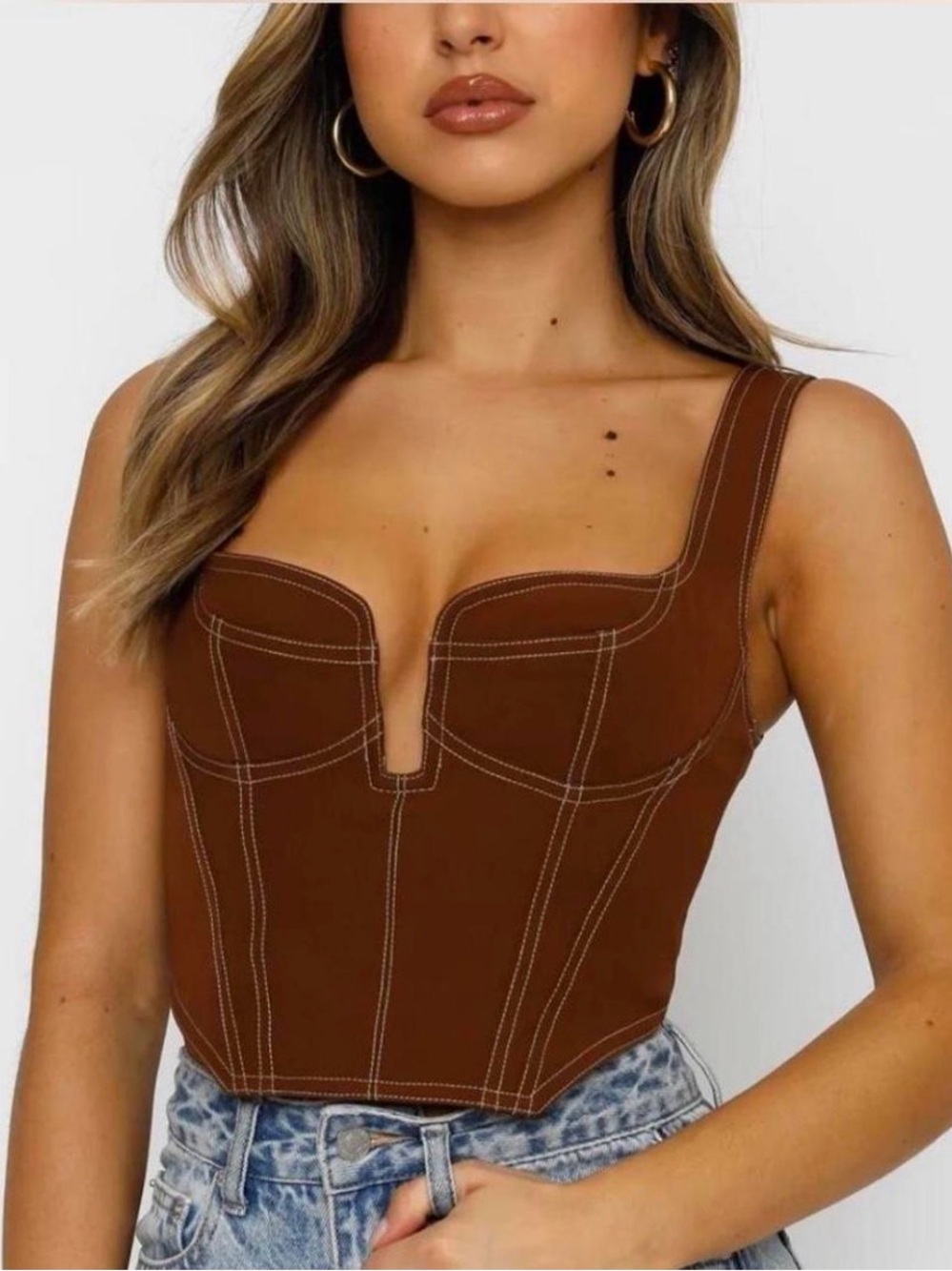 White Fox Boutique She the one Brown Structured V-Notch Corset Crop Top